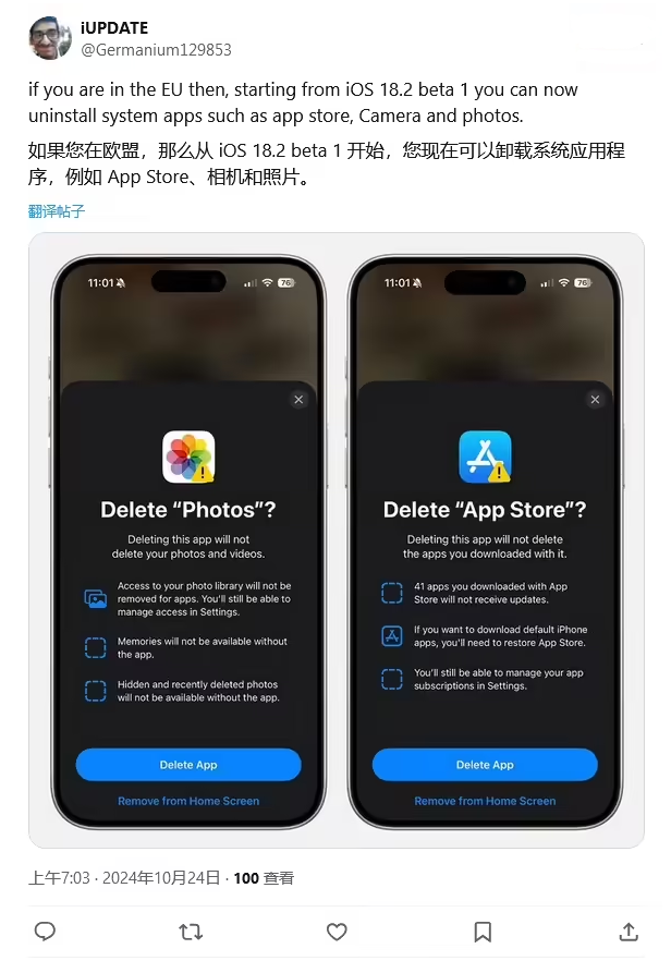 潮州苹果手机维修分享iOS 18.2 支持删除 App Store 应用商店 