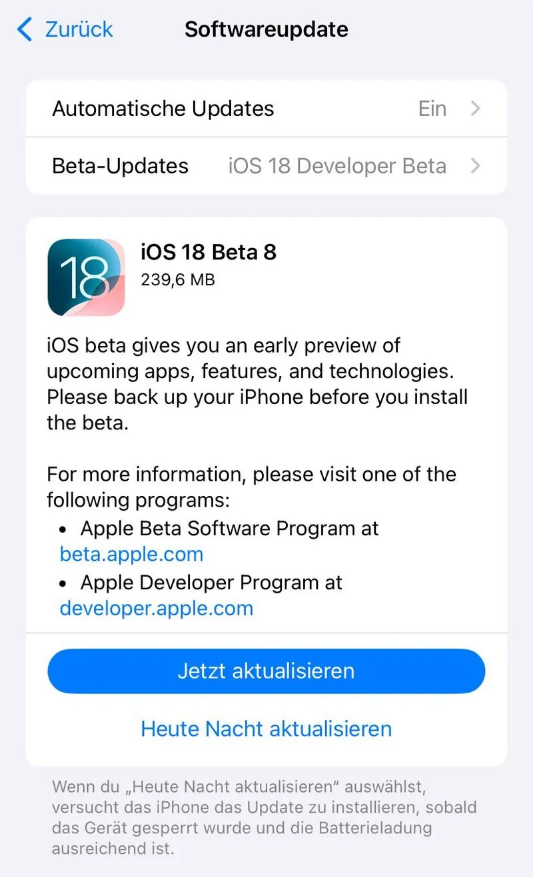 潮州苹果手机维修分享苹果 iOS / iPadOS 18 开发者预览版 Beta 8 发布 